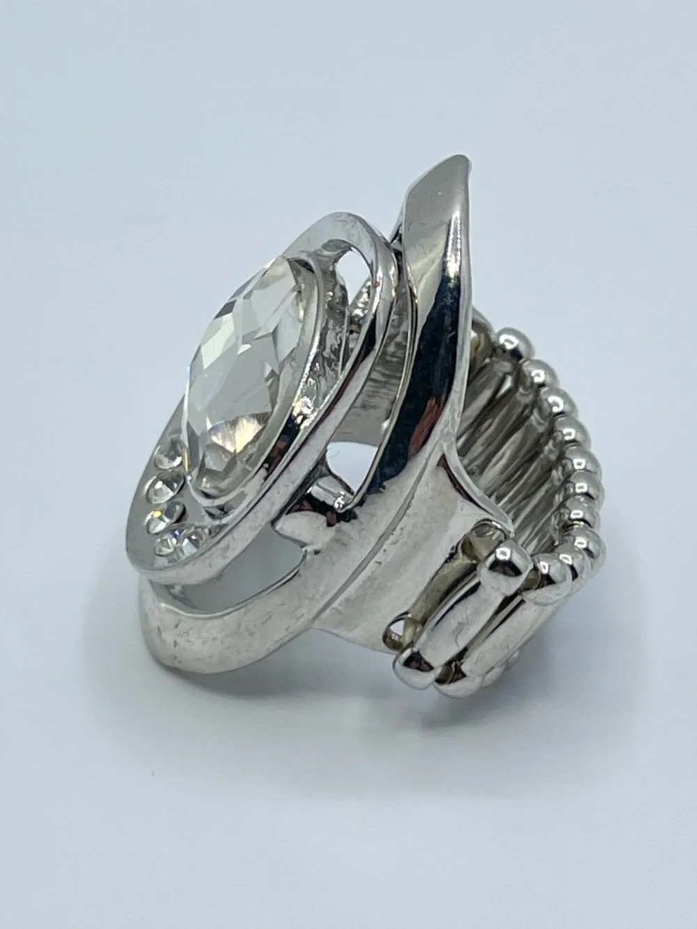 Silver Tone Crystal Glass Stretch Ring Large Oval Statement Adjustable